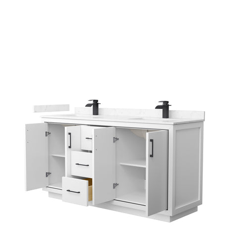 Icon 66 Inch Double Bathroom Vanity in White Carrara Cultured Marble Countertop Undermount Square Sinks Matte Black Trim