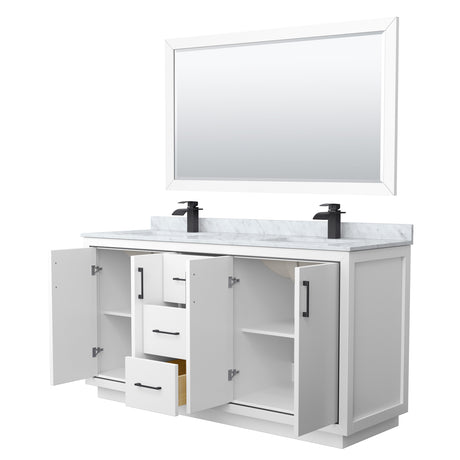 Icon 66 Inch Double Bathroom Vanity in White White Carrara Marble Countertop Undermount Square Sinks Matte Black Trim 58 Inch Mirror