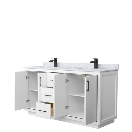 Icon 66 Inch Double Bathroom Vanity in White White Carrara Marble Countertop Undermount Square Sinks Matte Black Trim
