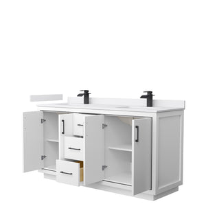 Icon 66 Inch Double Bathroom Vanity in White White Cultured Marble Countertop Undermount Square Sinks Matte Black Trim