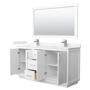 Icon 66 Inch Double Bathroom Vanity in White Carrara Cultured Marble Countertop Undermount Square Sinks Brushed Nickel Trim 58 Inch Mirror