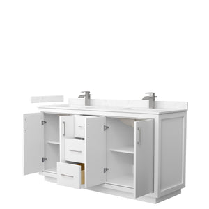 Icon 66 Inch Double Bathroom Vanity in White Carrara Cultured Marble Countertop Undermount Square Sinks Brushed Nickel Trim