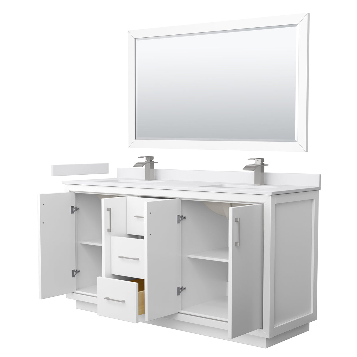 Icon 66 Inch Double Bathroom Vanity in White White Cultured Marble Countertop Undermount Square Sinks Brushed Nickel Trim 58 Inch Mirror