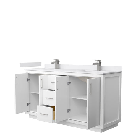 Icon 66 Inch Double Bathroom Vanity in White White Cultured Marble Countertop Undermount Square Sinks Brushed Nickel Trim