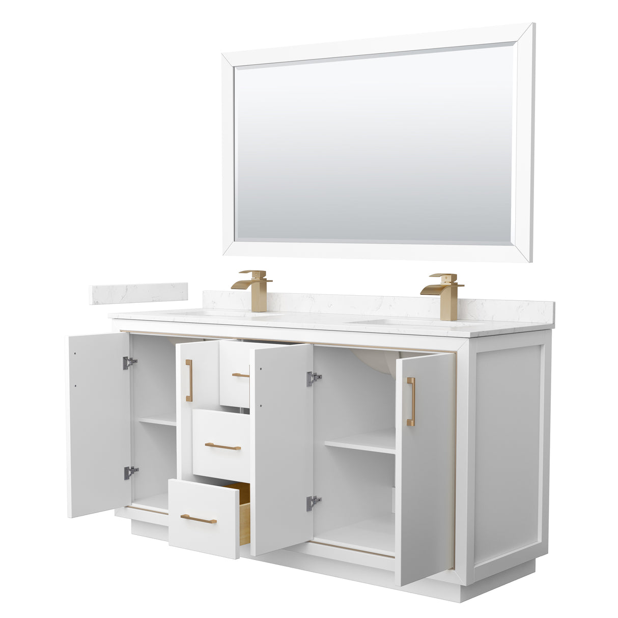 Icon 66 Inch Double Bathroom Vanity in White Carrara Cultured Marble Countertop Undermount Square Sinks Satin Bronze Trim 58 Inch Mirror