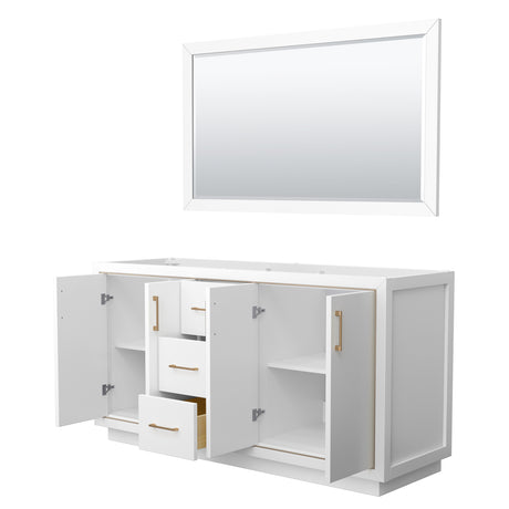 Icon 66 Inch Double Bathroom Vanity in White No Countertop No Sink Satin Bronze Trim 58 Inch Mirror