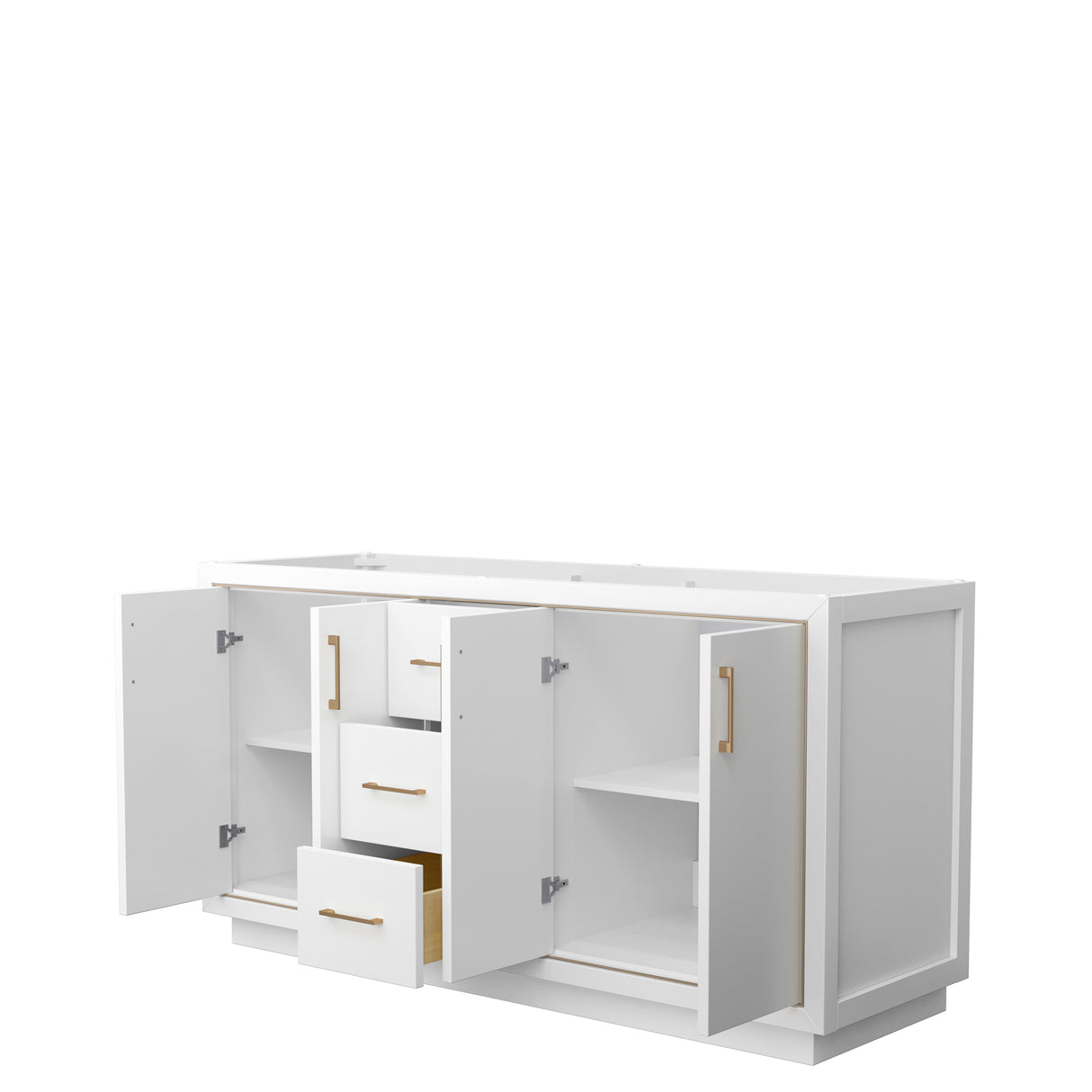 Icon 66 Inch Double Bathroom Vanity in White No Countertop No Sink Satin Bronze Trim