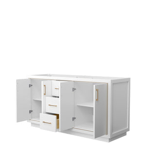 Icon 66 Inch Double Bathroom Vanity in White No Countertop No Sink Satin Bronze Trim