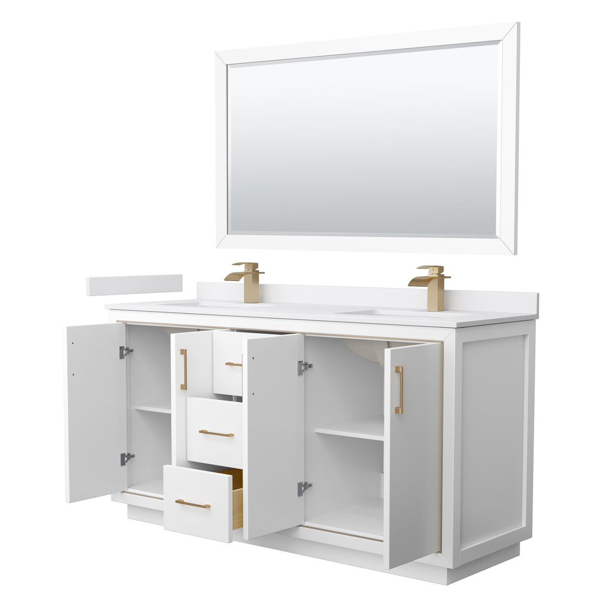 Icon 66 Inch Double Bathroom Vanity in White White Cultured Marble Countertop Undermount Square Sinks Satin Bronze Trim 58 Inch Mirror