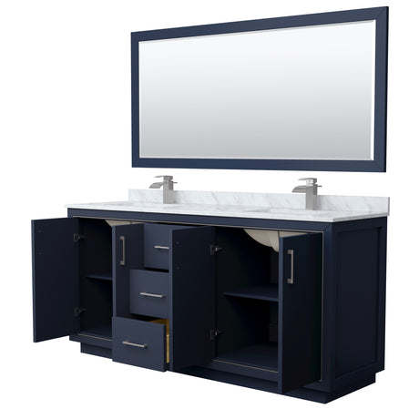 Icon 72 Inch Double Bathroom Vanity in Dark Blue White Carrara Marble Countertop Undermount Square Sinks Brushed Nickel Trim 70 Inch Mirror