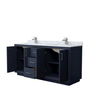 Icon 72 Inch Double Bathroom Vanity in Dark Blue White Carrara Marble Countertop Undermount Square Sinks Brushed Nickel Trim