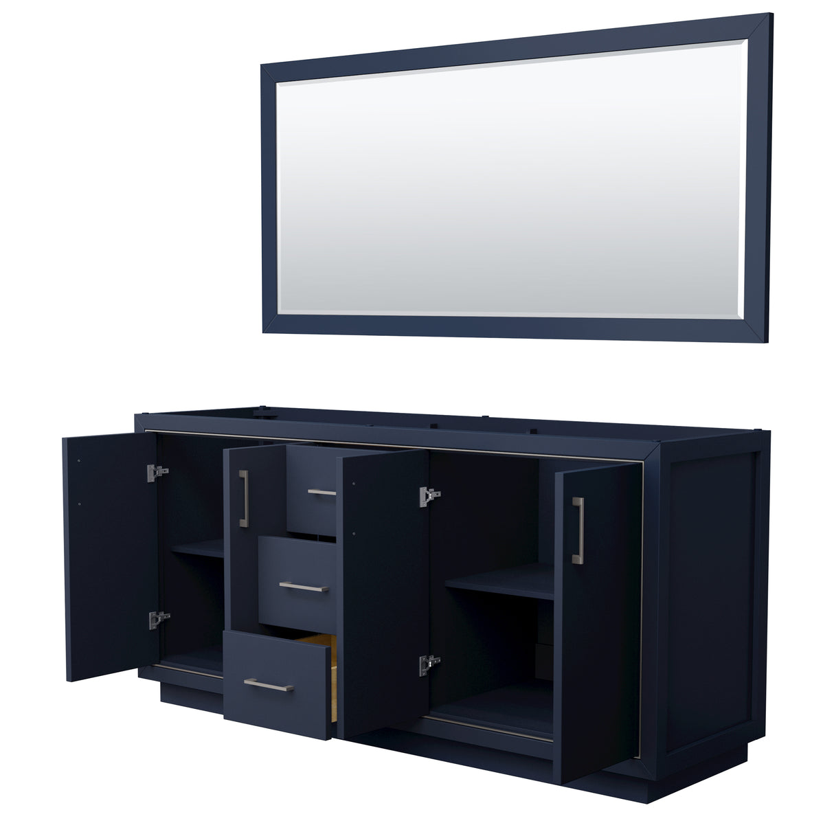 Icon 72 Inch Double Bathroom Vanity in Dark Blue No Countertop No Sink Brushed Nickel Trim 70 Inch Mirror