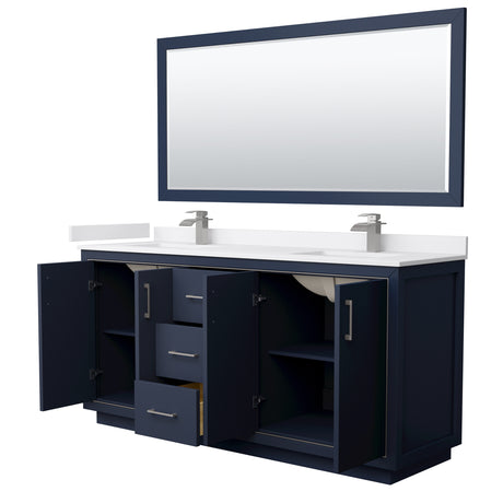 Icon 72 Inch Double Bathroom Vanity in Dark Blue White Cultured Marble Countertop Undermount Square Sinks Brushed Nickel Trim 70 Inch Mirror