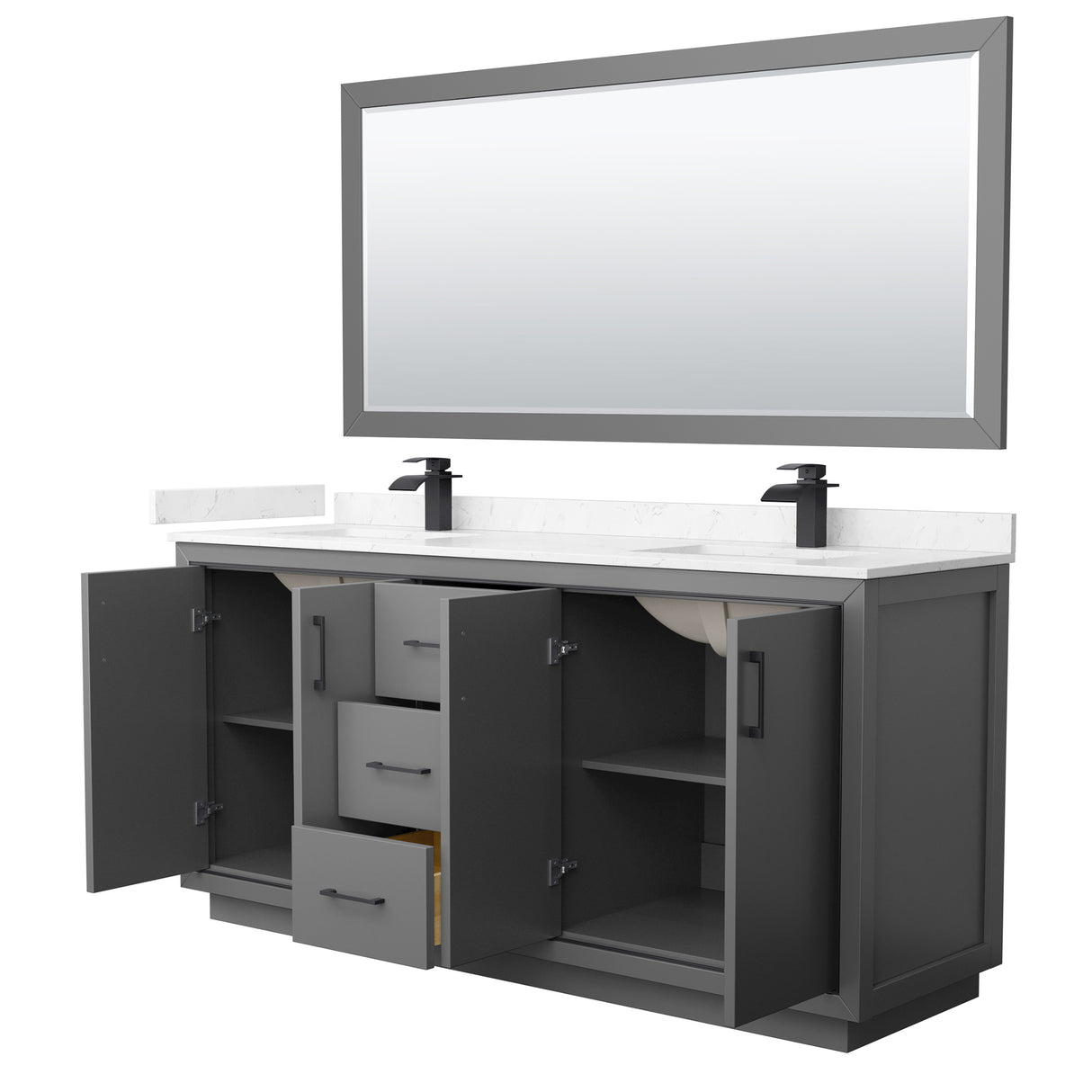 Icon 72 Inch Double Bathroom Vanity in Dark Gray Carrara Cultured Marble Countertop Undermount Square Sinks Matte Black Trim 70 Inch Mirror