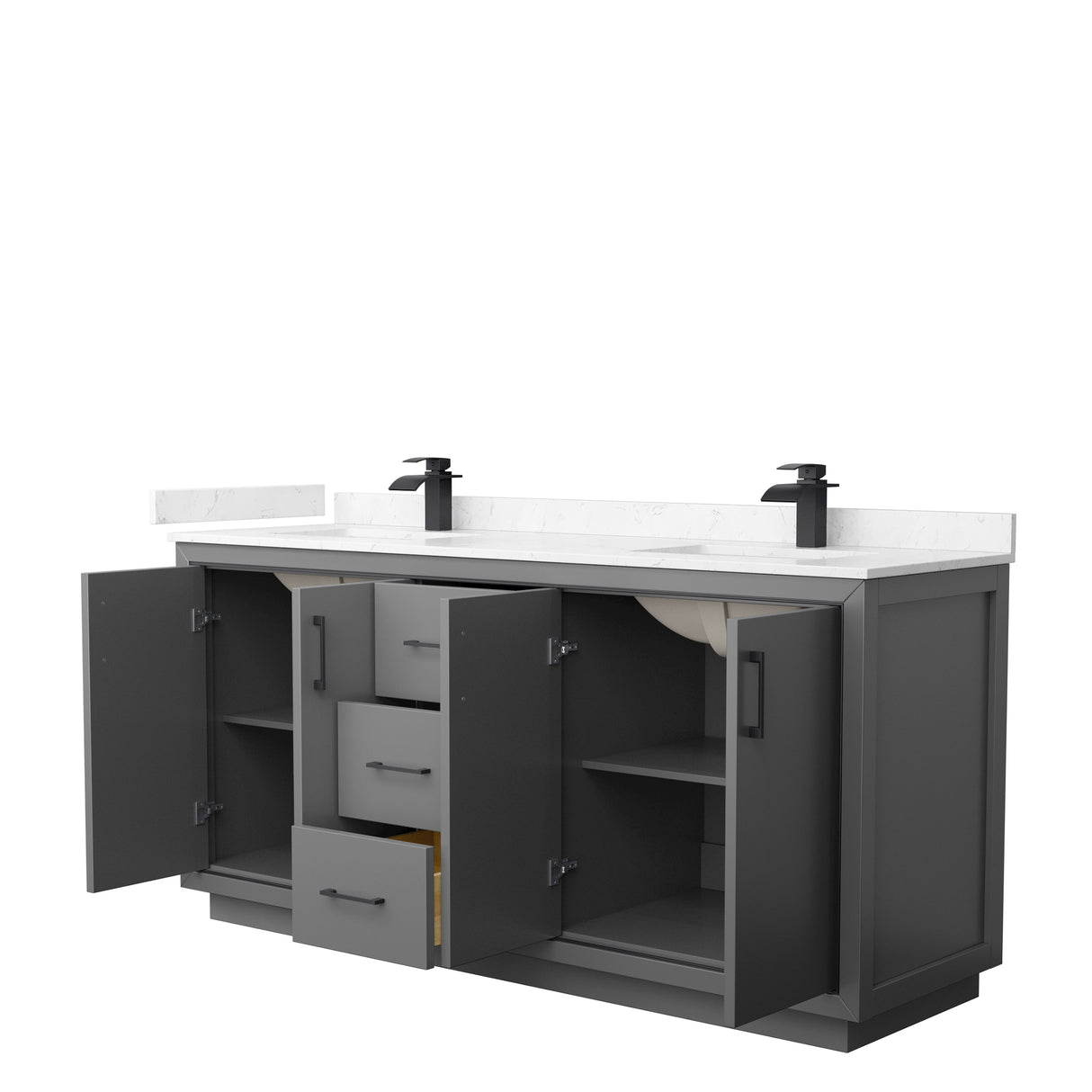 Icon 72 Inch Double Bathroom Vanity in Dark Gray Carrara Cultured Marble Countertop Undermount Square Sinks Matte Black Trim