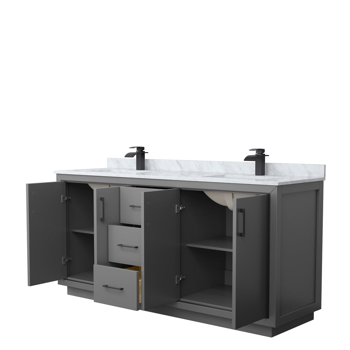 Icon 72 Inch Double Bathroom Vanity in Dark Gray White Carrara Marble Countertop Undermount Square Sinks Matte Black Trim