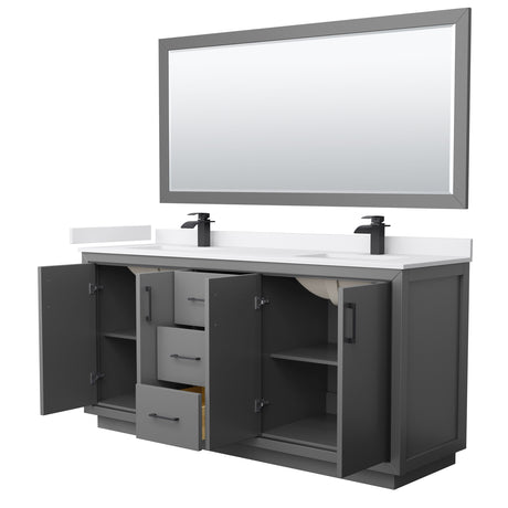 Icon 72 Inch Double Bathroom Vanity in Dark Gray White Cultured Marble Countertop Undermount Square Sinks Matte Black Trim 70 Inch Mirror