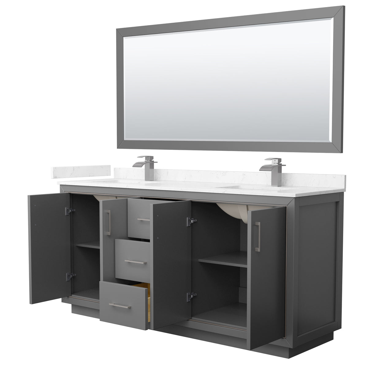 Icon 72 Inch Double Bathroom Vanity in Dark Gray Carrara Cultured Marble Countertop Undermount Square Sinks Brushed Nickel Trim 70 Inch Mirror