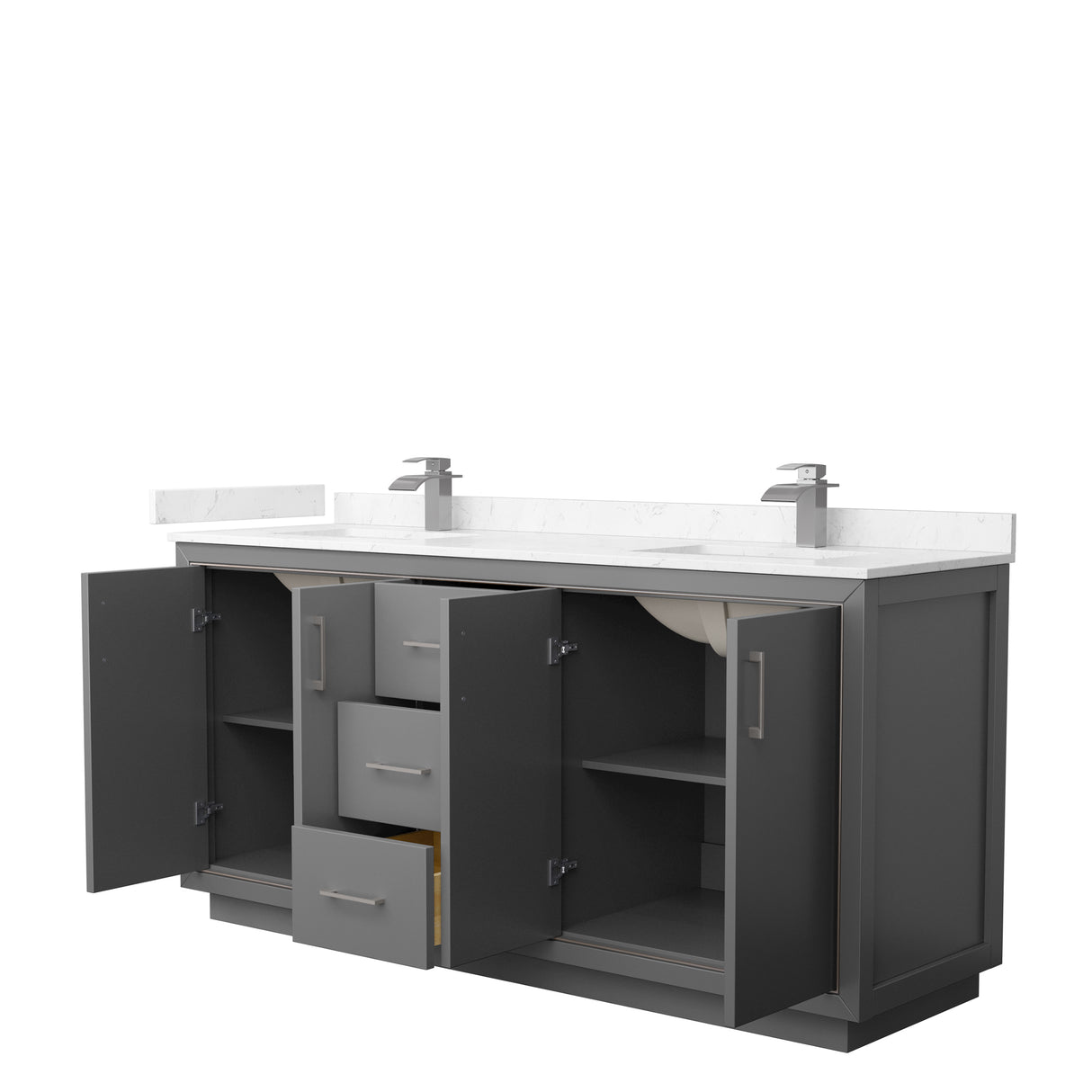 Icon 72 Inch Double Bathroom Vanity in Dark Gray Carrara Cultured Marble Countertop Undermount Square Sinks Brushed Nickel Trim