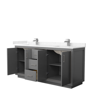 Icon 72 Inch Double Bathroom Vanity in Dark Gray Carrara Cultured Marble Countertop Undermount Square Sinks Brushed Nickel Trim