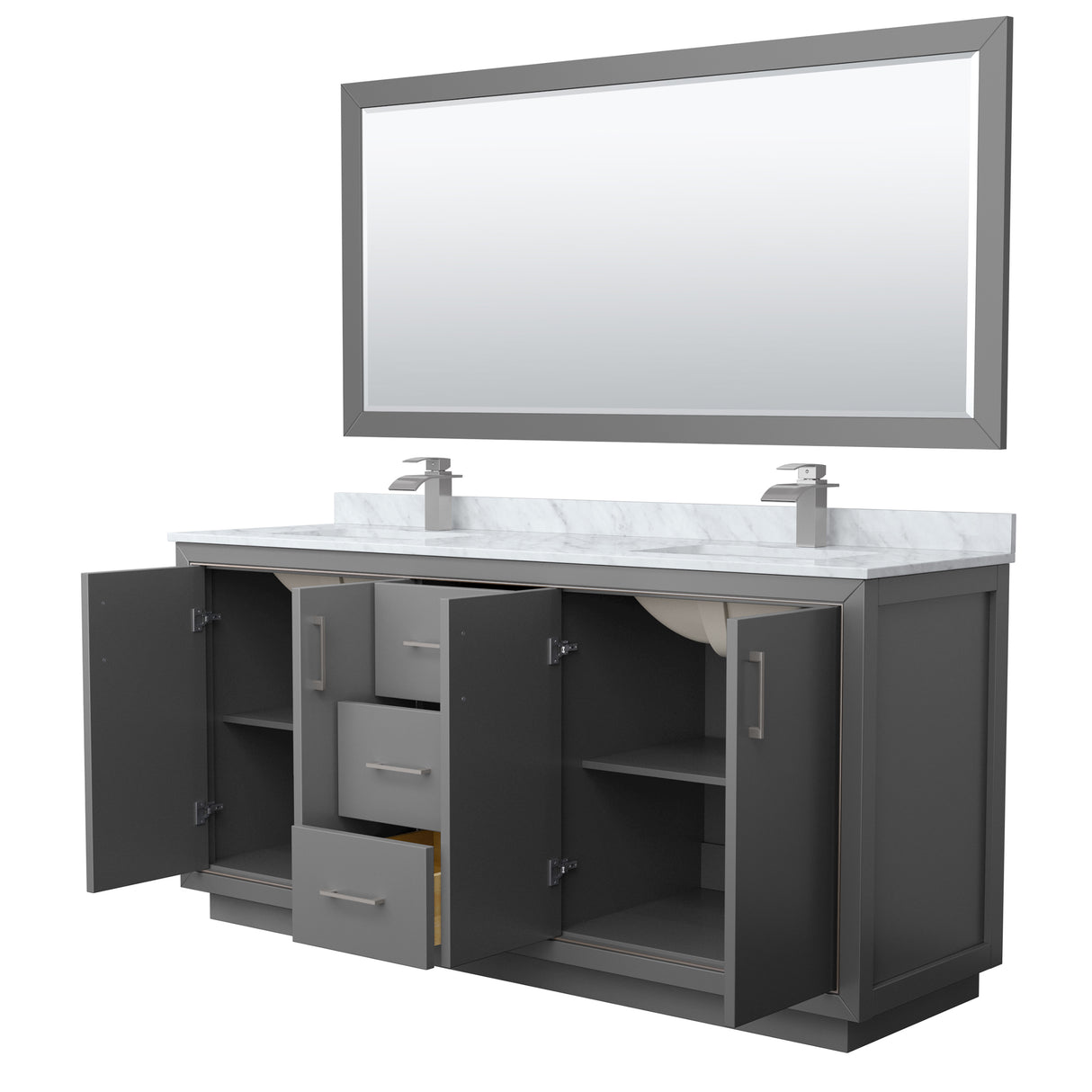 Icon 72 Inch Double Bathroom Vanity in Dark Gray White Carrara Marble Countertop Undermount Square Sinks Brushed Nickel Trim 70 Inch Mirror