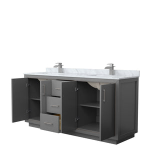 Icon 72 Inch Double Bathroom Vanity in Dark Gray White Carrara Marble Countertop Undermount Square Sinks Brushed Nickel Trim