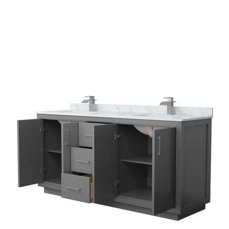 Icon 72 Inch Double Bathroom Vanity in Dark Gray White Carrara Marble Countertop Undermount Square Sinks Brushed Nickel Trim
