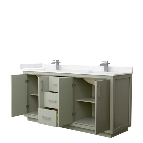 Icon 72 Inch Double Bathroom Vanity in Light Green Carrara Cultured Marble Countertop Undermount Square Sinks Brushed Nickel Trim