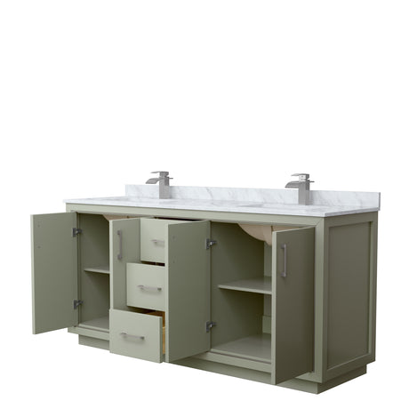 Icon 72 Inch Double Bathroom Vanity in Light Green White Carrara Marble Countertop Undermount Square Sinks Brushed Nickel Trim