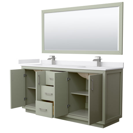 Icon 72 Inch Double Bathroom Vanity in Light Green White Cultured Marble Countertop Undermount Square Sinks Brushed Nickel Trim 70 Inch Mirror