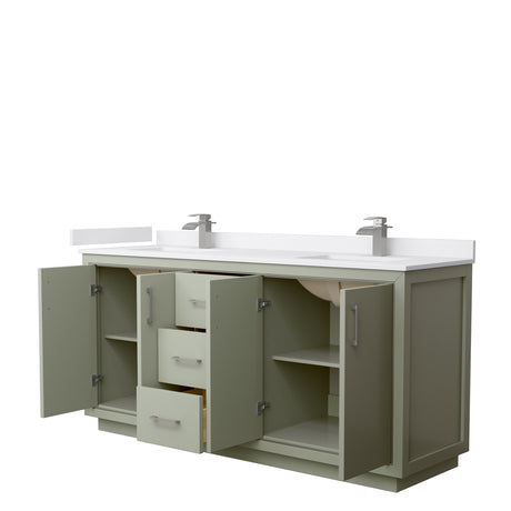 Icon 72 Inch Double Bathroom Vanity in Light Green White Cultured Marble Countertop Undermount Square Sinks Brushed Nickel Trim