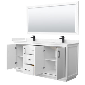 Icon 72 Inch Double Bathroom Vanity in White Carrara Cultured Marble Countertop Undermount Square Sinks Matte Black Trim 70 Inch Mirror