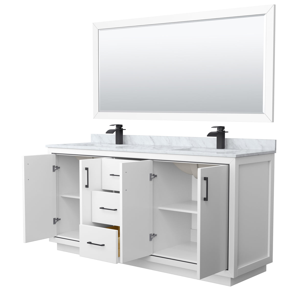 Icon 72 Inch Double Bathroom Vanity in White White Carrara Marble Countertop Undermount Square Sinks Matte Black Trim 70 Inch Mirror