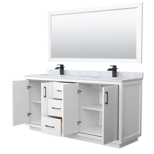 Icon 72 Inch Double Bathroom Vanity in White White Carrara Marble Countertop Undermount Square Sinks Matte Black Trim 70 Inch Mirror