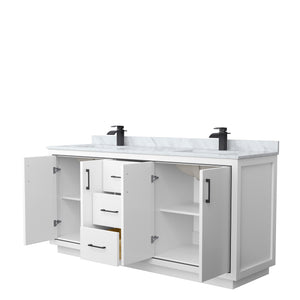Icon 72 Inch Double Bathroom Vanity in White White Carrara Marble Countertop Undermount Square Sinks Matte Black Trim