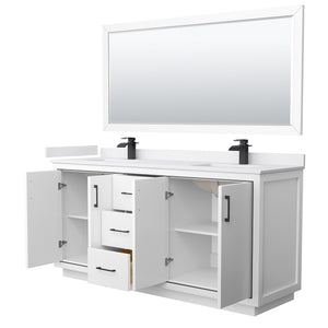 Icon 72 Inch Double Bathroom Vanity in White White Cultured Marble Countertop Undermount Square Sinks Matte Black Trim 70 Inch Mirror