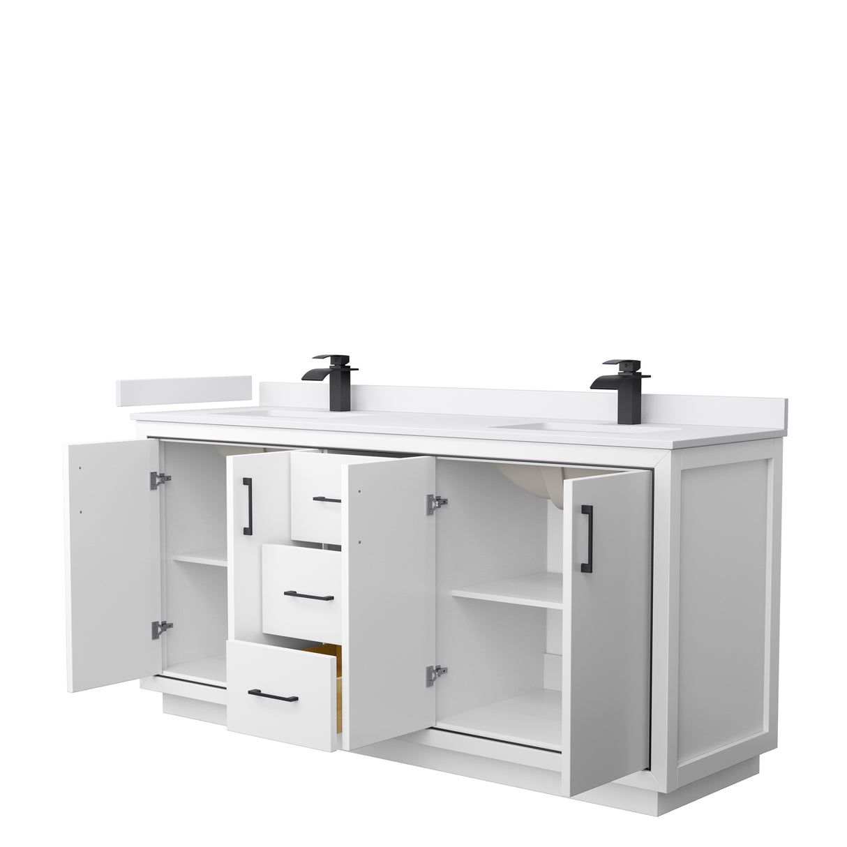 Icon 72 Inch Double Bathroom Vanity in White White Cultured Marble Countertop Undermount Square Sinks Matte Black Trim