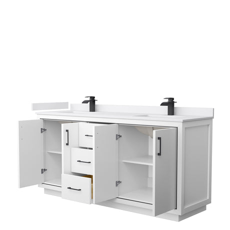 Icon 72 Inch Double Bathroom Vanity in White White Cultured Marble Countertop Undermount Square Sinks Matte Black Trim