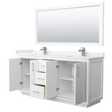 Icon 72 Inch Double Bathroom Vanity in White Carrara Cultured Marble Countertop Undermount Square Sinks Brushed Nickel Trim 70 Inch Mirror