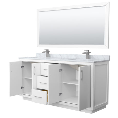 Icon 72 Inch Double Bathroom Vanity in White White Carrara Marble Countertop Undermount Square Sinks Brushed Nickel Trim 70 Inch Mirror