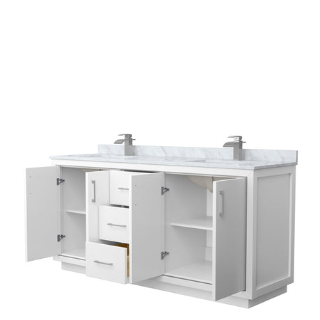 Icon 72 Inch Double Bathroom Vanity in White White Carrara Marble Countertop Undermount Square Sinks Brushed Nickel Trim