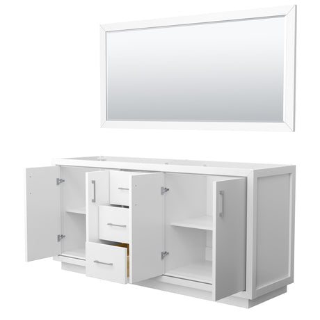 Icon 72 Inch Double Bathroom Vanity in White No Countertop No Sink Brushed Nickel Trim 70 Inch Mirror