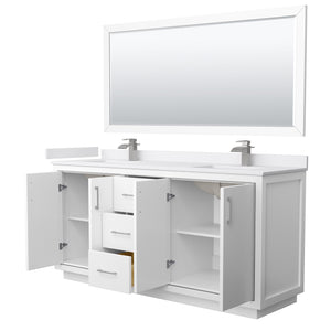 Icon 72 Inch Double Bathroom Vanity in White White Cultured Marble Countertop Undermount Square Sinks Brushed Nickel Trim 70 Inch Mirror