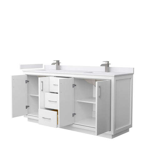 Icon 72 Inch Double Bathroom Vanity in White White Cultured Marble Countertop Undermount Square Sinks Brushed Nickel Trim