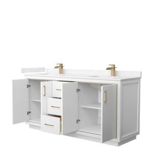 Icon 72 Inch Double Bathroom Vanity in White Carrara Cultured Marble Countertop Undermount Square Sinks Satin Bronze Trim