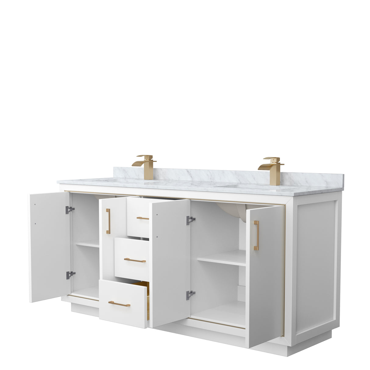 Icon 72 Inch Double Bathroom Vanity in White White Carrara Marble Countertop Undermount Square Sinks Satin Bronze Trim