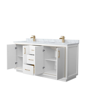 Icon 72 Inch Double Bathroom Vanity in White White Carrara Marble Countertop Undermount Square Sinks Satin Bronze Trim