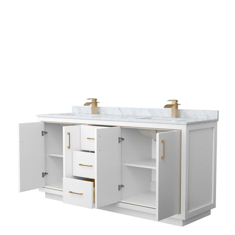 Icon 72 Inch Double Bathroom Vanity in White White Carrara Marble Countertop Undermount Square Sinks Satin Bronze Trim