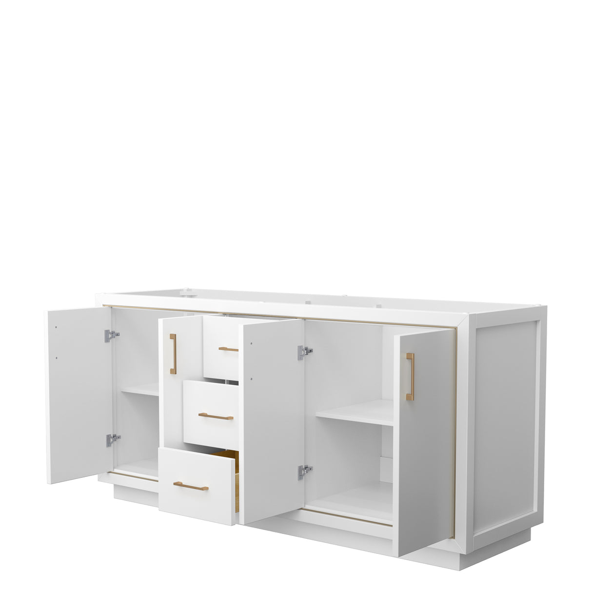 Icon 72 Inch Double Bathroom Vanity in White No Countertop No Sink Satin Bronze Trim