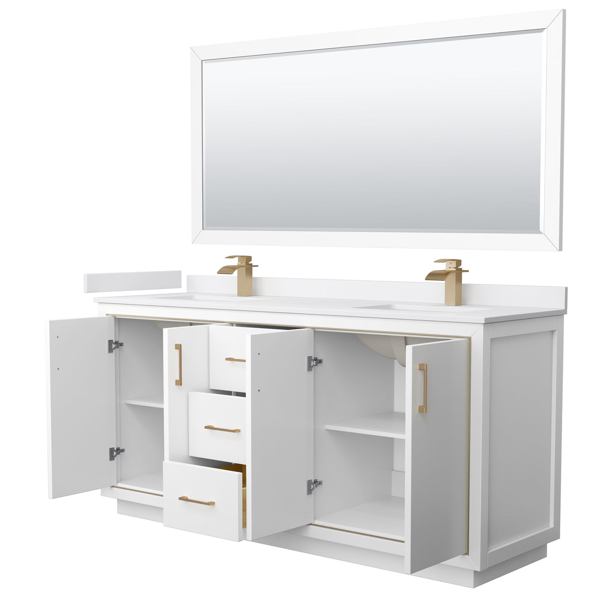 Icon 72 Inch Double Bathroom Vanity in White White Cultured Marble Countertop Undermount Square Sinks Satin Bronze Trim 70 Inch Mirror